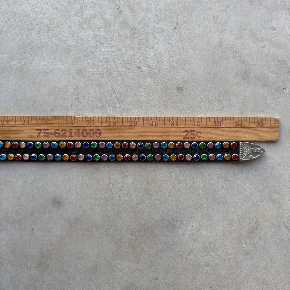 Western Black Leather Belt Multi Color Rhinestone Silver Engraved Buckle 35in